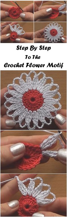 crochet flower motif is shown with instructions to make it look like an ornament