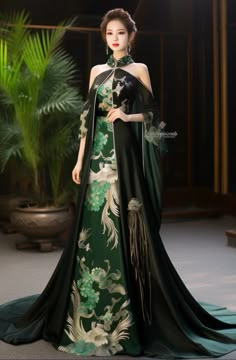 Chinese Evening Gown, Fantasy Qipao, Hanfu Gown, Gala Night Dress, Chinese Wedding Dresses, Chinese Historical Fashion, Queen Dresses, Beautiful Long Dresses, Dress Design Sketches