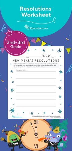 the new year's resolution worksheet is shown with cartoon characters around it