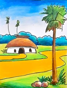 a drawing of a house in the middle of a field with palm trees and rocks