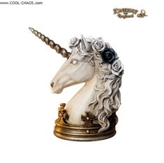 a white and black unicorn statue with flowers on it's head, standing in front of a white background