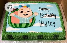 a birthday cake with a baby in a watermelon