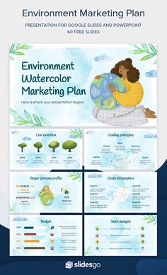 the environment marketing plan is shown in blue and white with an image of a woman holding a