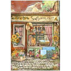 a painting of a sunflower art shop with flowers and other items on the window sill