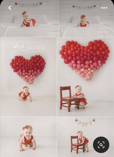 a baby sitting on a chair with balloons in the shape of a heart