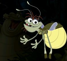 an animated insect with its mouth open and eyes wide open, standing next to another creature