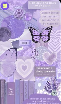 a purple and white collage with words, flowers, butterflies, and hearts on it