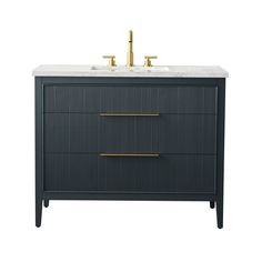 a bathroom vanity with two sinks and gold faucets on the top, against a white background