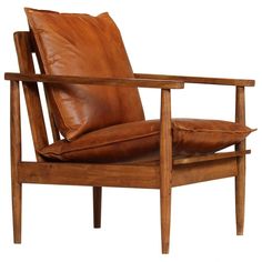 a brown leather chair sitting on top of a wooden frame