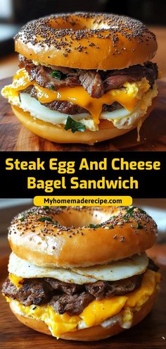 steak egg and cheese bagel sandwich on a wooden cutting board with text overlay that reads steak egg and cheese bagel sandwich