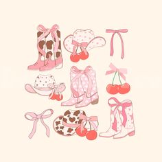 a collection of pink and brown items including boots, hats, and cherries on a white background