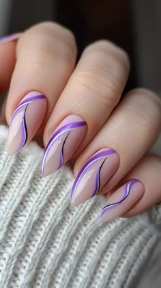 Purple Nails Elegant, Almond Nails Purple Design, Nail Art With Lines, Cute Purple Nail Designs, Light Purple Nail Art, Purple Nails Acrylic, Springtime Nails, Purple Nail Art Designs, Light Purple Nails