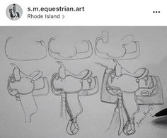 a drawing of three horses with saddles on their backs and one holding a bag