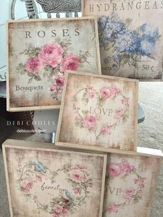 four framed pictures with flowers and words on them