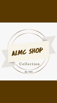 the amc shop collection logo is shown in brown and white with a ribbon around it