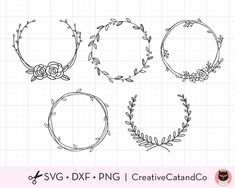 Hand Drawn Wreaths Svg Dxf Png-CreativeCatandCo Bujo Flowers, Doodle Wreath, Floral Round Frame, Spring Flower Wreath, Wreath Frames, Cricut Stencils, Wreath Svg, Wreath Drawing, Simple Flower