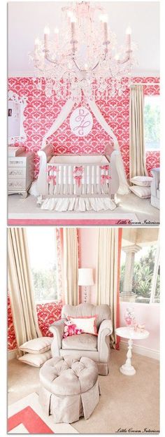 two pictures of a baby's room with pink and white decor