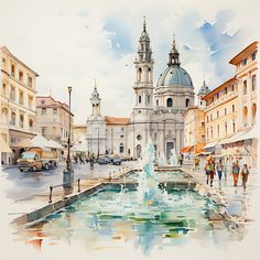 a watercolor painting of a fountain in the middle of a city