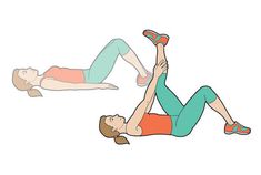 two people doing exercises on their stomachs, one is holding the other's leg