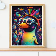 a colorful penguin wearing sunglasses and a hat