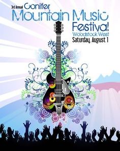 an advertisement for the mountain music festival featuring guitars and people raising their hands in the air