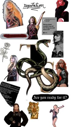 a collage of photos with different women and snakes on them, including an image of a