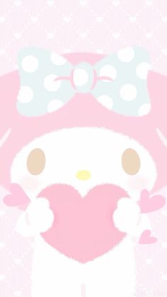 the hello kitty wallpaper is pink and white with polka dots on it's head