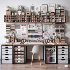 a desk with lots of drawers and pictures on the wall above it is filled with office supplies