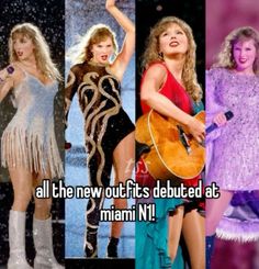 several pictures of women in different outfits singing and holding guitars, with the caption all the new outfits debuuted at miami n