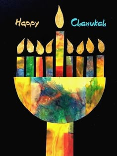 a happy hanukkah menorah card with lit candles on black background