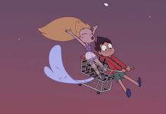 two people sitting in a shopping cart flying through the air