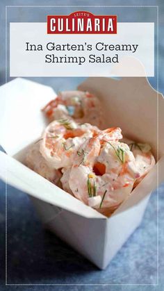 Creamy shrimp salad with fresh dill in a white takeout container. Cold Shrimp Salad Recipes, Ina Garten Shrimp, Easy Shrimp Salad, Shrimp Salads, Salad With Dill, Baked Shrimp Recipes, Shrimp Pasta Salad