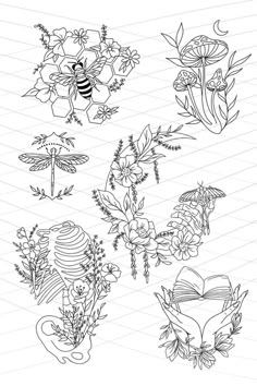 some flowers and plants are drawn in black ink