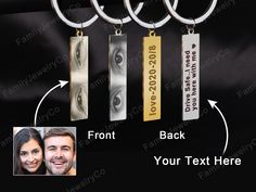 three key chains with the names of two people and an image of them hanging from it