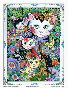 a painting of cats surrounded by flowers and plants