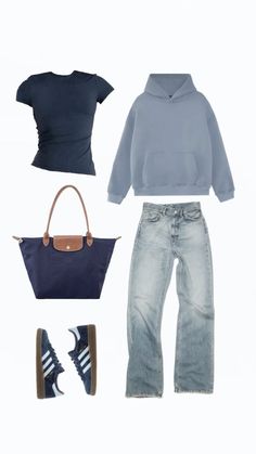 Outfit Inspo Light Blue Jeans, Light Blue Samba Outfit, Outfits With Blue Hoodie, Navy Blue Longchamp Bag Outfit, Longchamp Navy Outfit, Fits With Light Blue Jeans, Navy Adidas Outfit, Blue Sambas Adidas Outfit, Styling Longchamp Bag