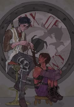 two people sitting in front of a giant clock