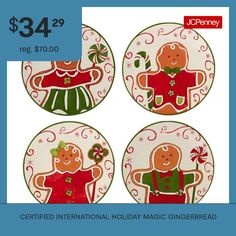 three christmas plates with gingerbreads on them for $ 34 99 reg $ 70 00