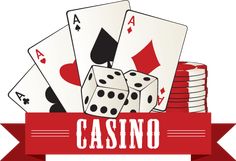 casino logo with playing cards and dices on red ribbon, eps 8x8