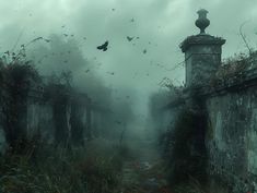 an old building with birds flying over it in the foggy sky, and overgrown vegetation