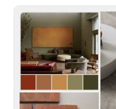 a living room filled with furniture and lots of color swatches on the wall next to it