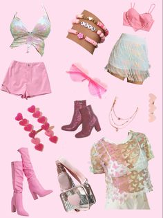 a bunch of clothes and accessories on a pink background