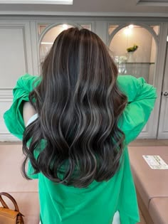 Brunette Underneath Color, Milk Tea Brown Highlights, Black Hair Balyage, Hair Highlights For Dark Hair Black, Dark Beige Hair, Brown Highlights On Dark Brown, Underneath Highlights For Dark Hair, Asian Hair Color Highlights, Korean Balayage Hair