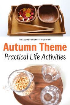 autumn theme practical life activities for toddlers to do with the fall leaves and acorns