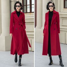 Rock the winter season with elegance and warmth in our red Wool Trench! With an overall A-line fit, the long version is even warmer in winter! This chic coat is designed with high-quality British Wool to ensure you stay warm and look stylish. DETAIL * 50% wool blend, 50% fiber,nylon *  Matching satiny lining *  Double breasted, Button closure *  Two side seam pockets *  Notch lapel *  Calf length *  Fit and flare Silhouette *  Self belt waist *  Fit for autumn-to-winter *  A Line wool coat *  This is Xiaolizi for the wonderful coat!! *  Dry clean only MODEL SIZE Bust 85 cm(33.4") Waist 67 cm(26.7") Height 168cm (5' 6") She wears size XS Choose CUSTOM Order if you * Need a better fit * Can't find your size in our size Chart * Change the Style * Chang the Length * Your Height is not Between Red Wool Outerwear For Winter, A Line Coat, Women Trench Coat, Winter Coat Women, Red Wool Coat, Red Trench Coat, Coat With Belt, Chic Coat, Coat Winter