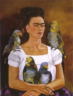 a painting of a woman with three birds on her shoulder and one bird perched on her arm