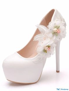 OrcaJump - Womens Satin Flower Lace Platform Wedding Heels Round Toe Vintage Sexy Roman Party & Evening PU Moccasin Fall/Spring Solid Bridal High Heels, Wedding Toes, Floral High Heels, Wedding High Heels, Wedding Shoes Lace, Bridal Wedding Shoes, White Wedding Shoes, Queen Fashion, White Dress Party