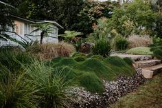 a garden with rocks and grass in front of a white house surrounded by greenery