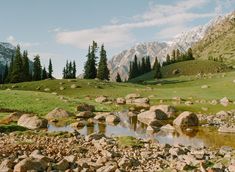 there is a small pond in the middle of some rocks and grass with mountains in the background