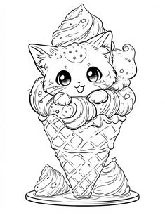 an ice cream cone with a cat in it's mouth and some candies on top